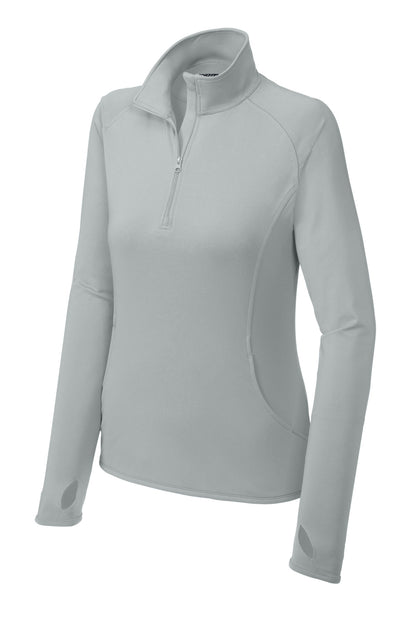 Front View of Silver Sport-Tek Women's Sport-Wick Stretch 1/4-Zip Pullover. LST850