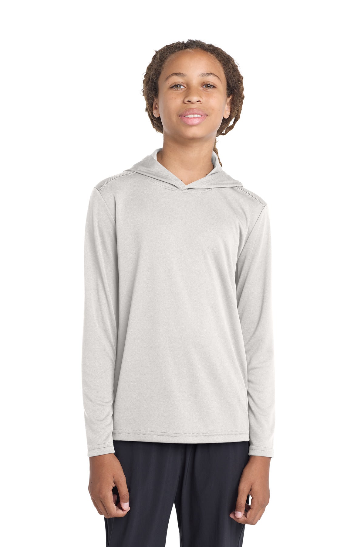 Front View of Silver Sport-Tek Youth PosiCharge Competitor Hooded Pullover. YST358 plain