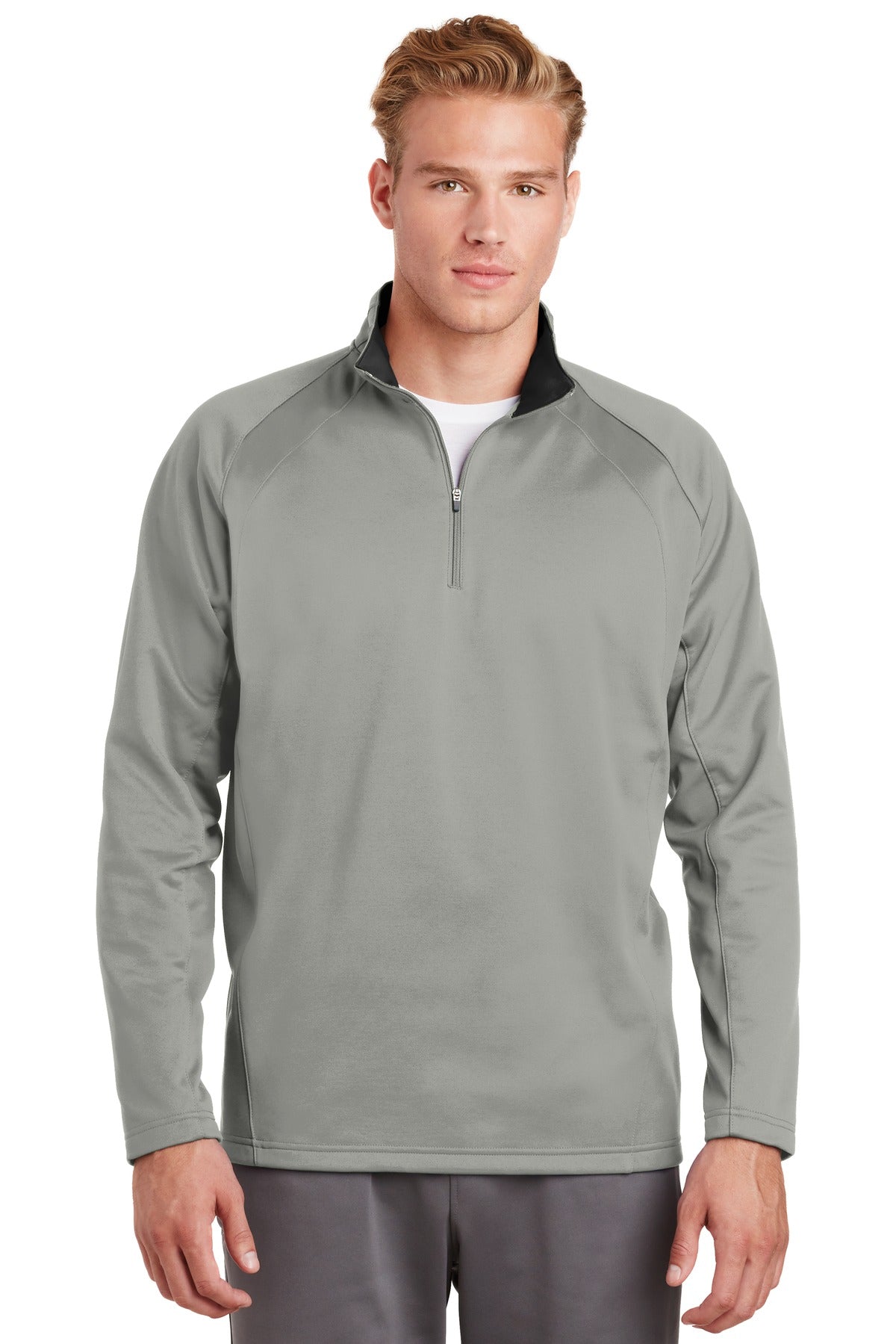 Front View of Silver/Black Sport-Tek Sport-Wick Fleece 1/4-Zip Pullover. F243 plain