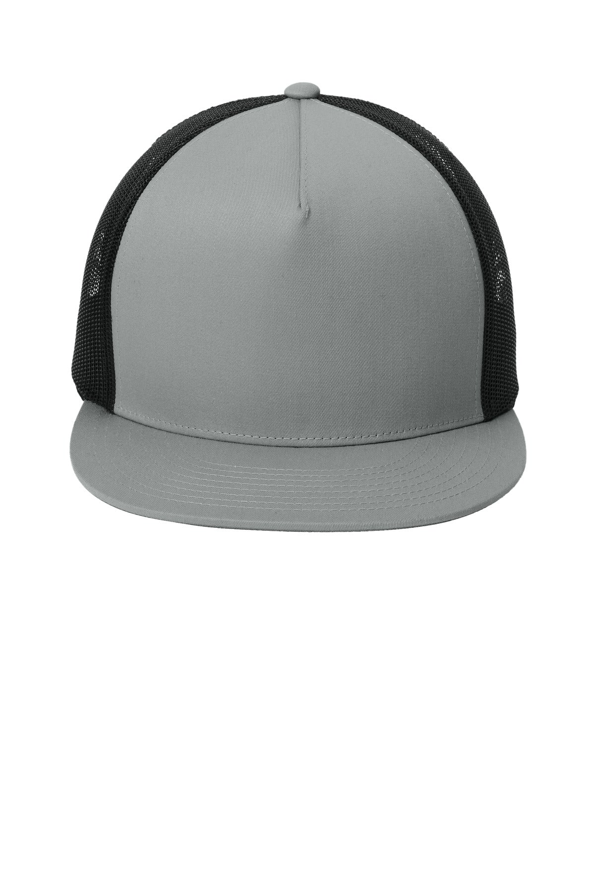 Front View of Silver/Blk Sport-Tek YP Classics 5-Panel Classic Trucker Mesh Back Cap. STC38