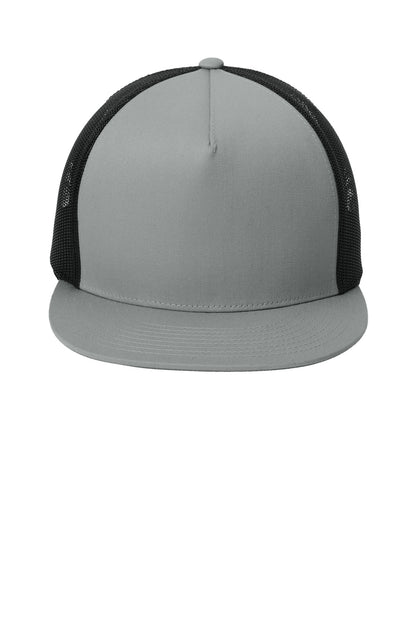 Front View of Silver/Blk Sport-Tek YP Classics 5-Panel Classic Trucker Mesh Back Cap. STC38