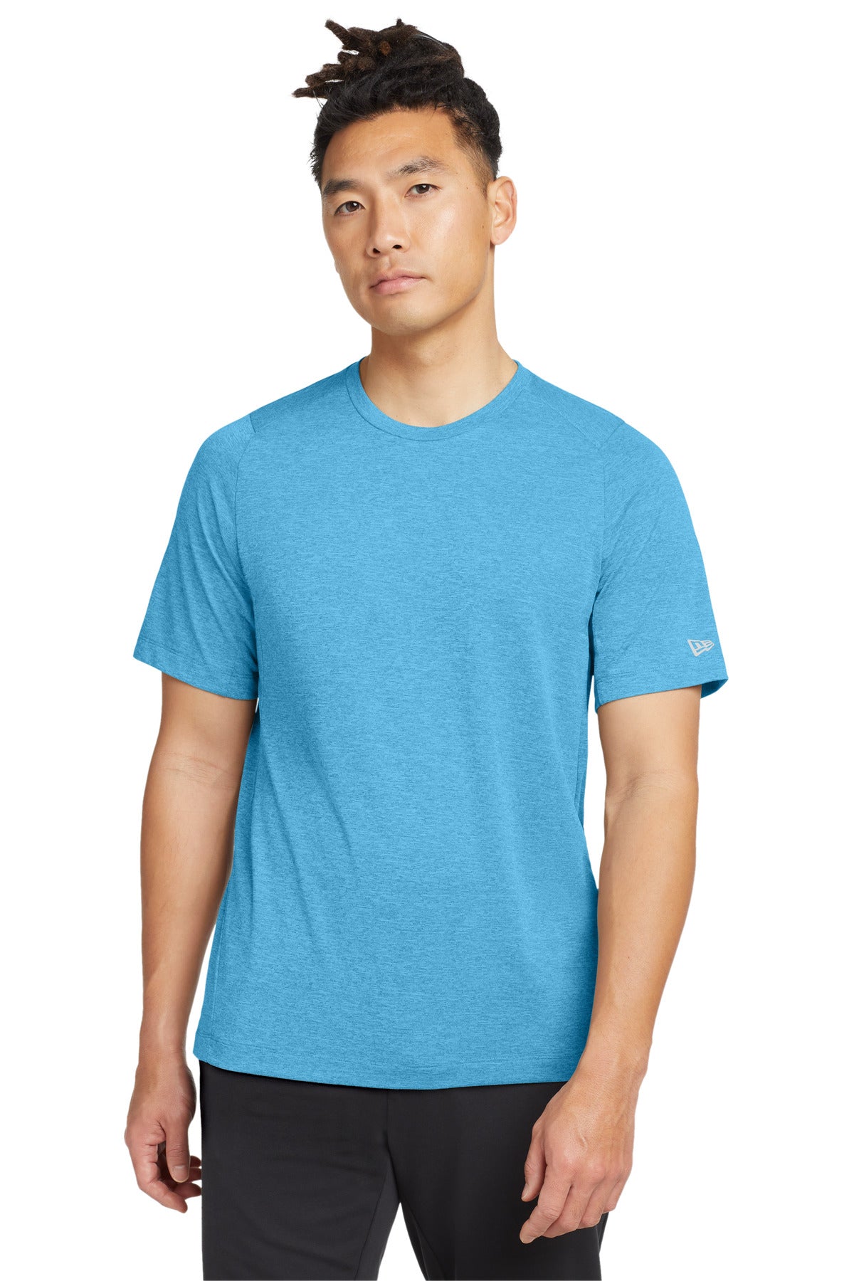 Front View of Sky Blue New Era Series Performance Crew Tee. NEA200 plain