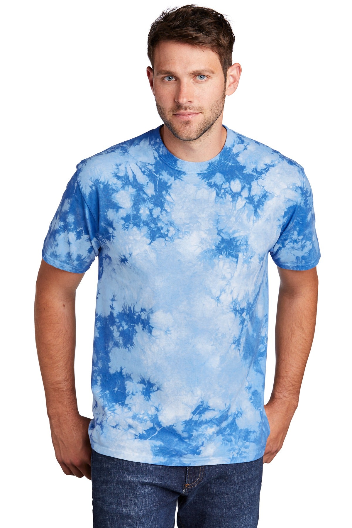 Front View of Sky Blue Port & Co Crystal Tie-Dye Tee PC145 plain