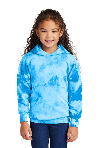 Front View of SkyBlue Port & Co Youth Crystal Tie-Dye Pullover Hoodie PC144Y plain