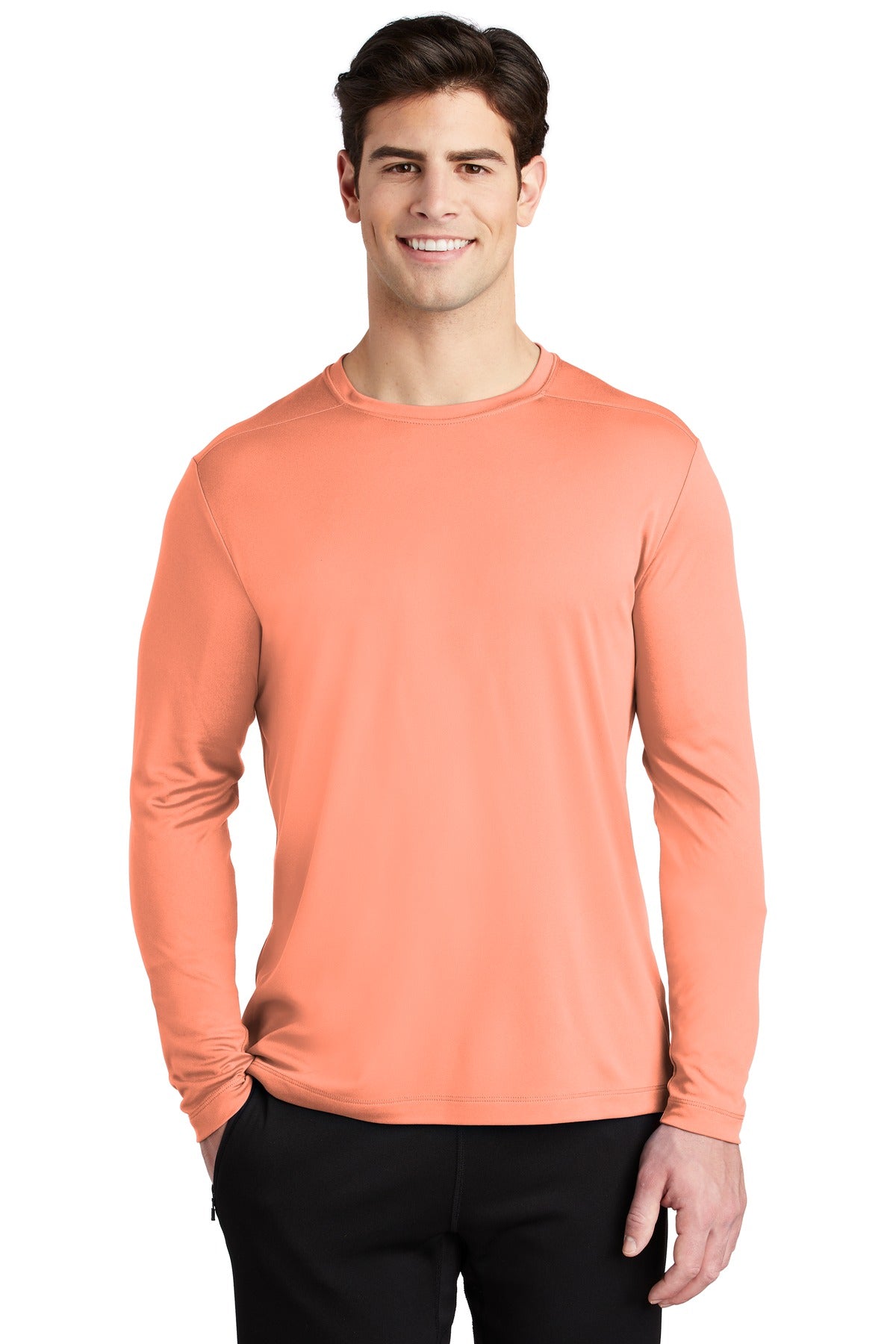 Front View of Soft Coral Sport-Tek Posi-UV Pro Long Sleeve Tee. ST420LS plain