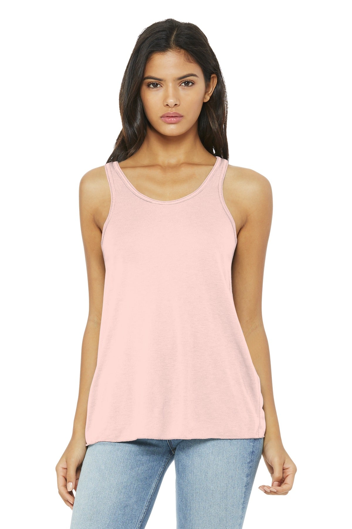 Front View of Soft Pink BELLA+CANVAS Women's Flowy Racerback Tank. BC8800 plain
