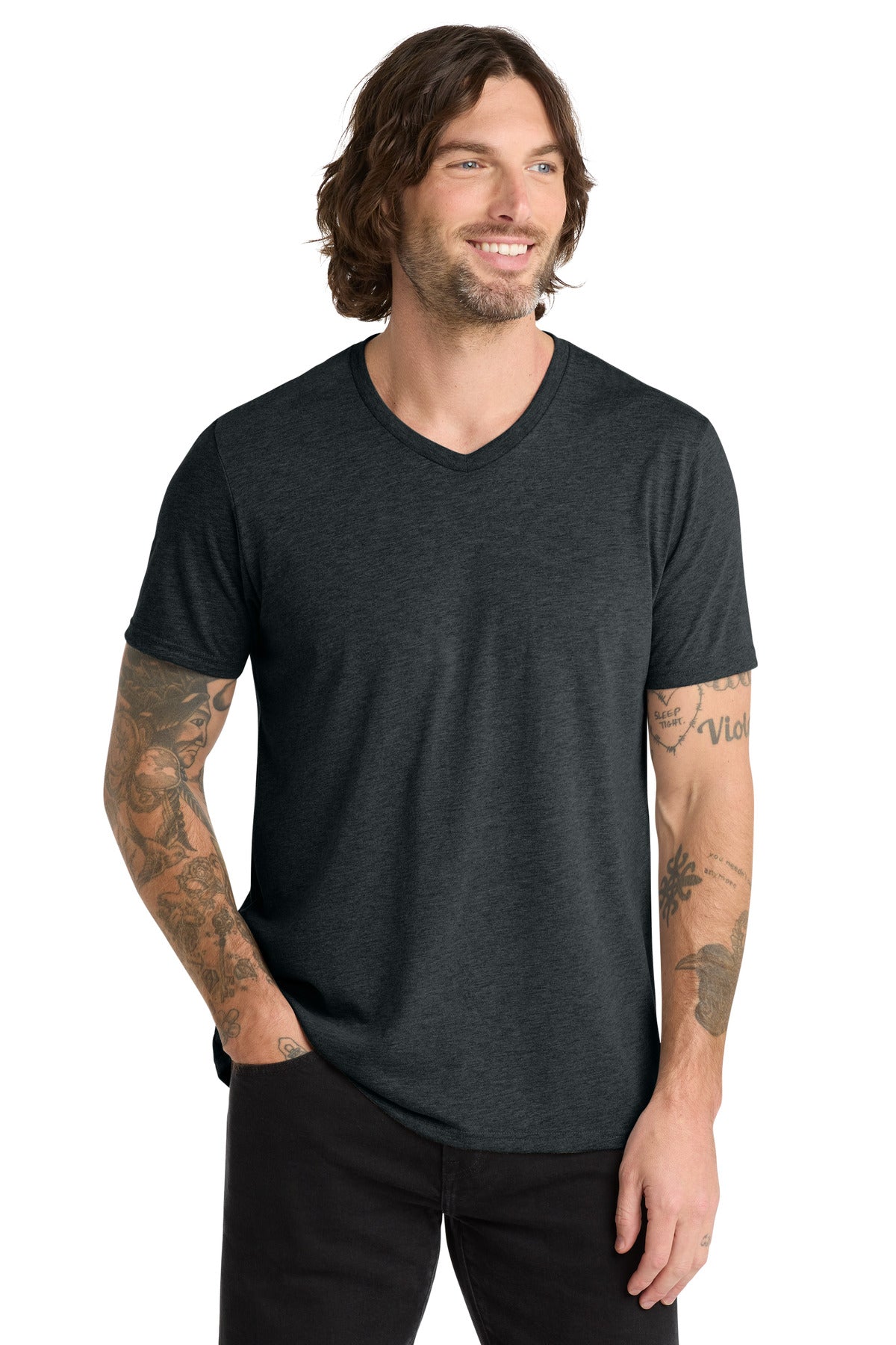 Front View of Space Black Allmade Unisex Tri-Blend V-Neck Tee AL2014 plain
