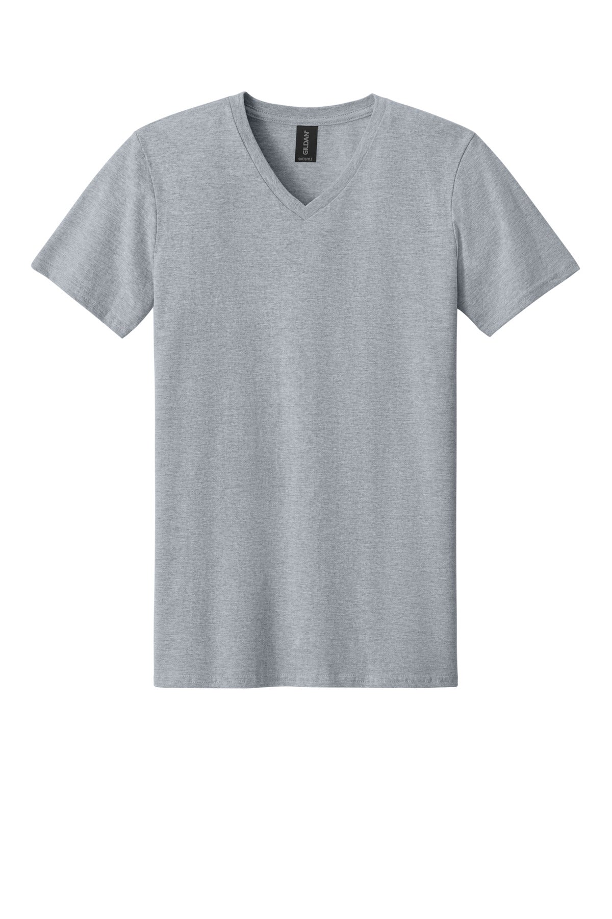 Front View of Sport Grey Gildan Softstyle V-Neck T-Shirt. 64V00 plain