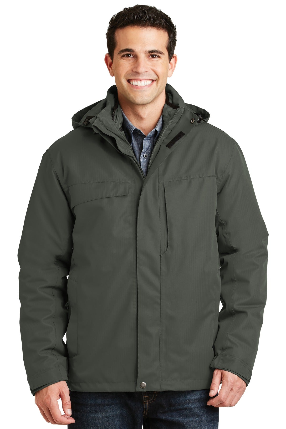 Front View of Spruce Green Port Authority Herringbone 3-in-1 Parka. J302 plain