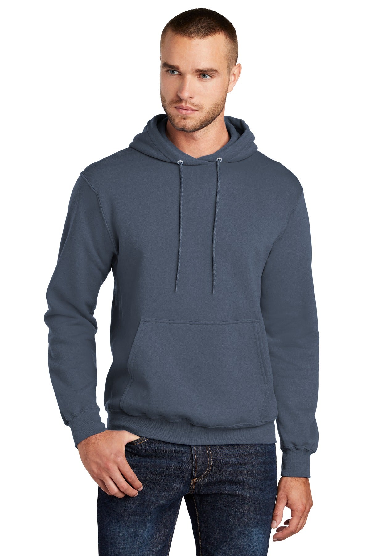 Front View of Steel Blue Port & Co Core Fleece Pullover Hooded Sweatshirt. PC78H plain