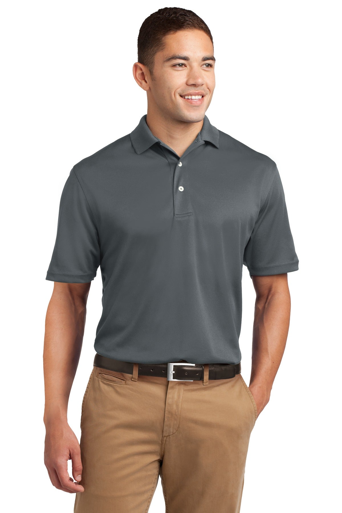 Front View of Steel Sport-Tek Dri-Mesh Polo. K469 plain