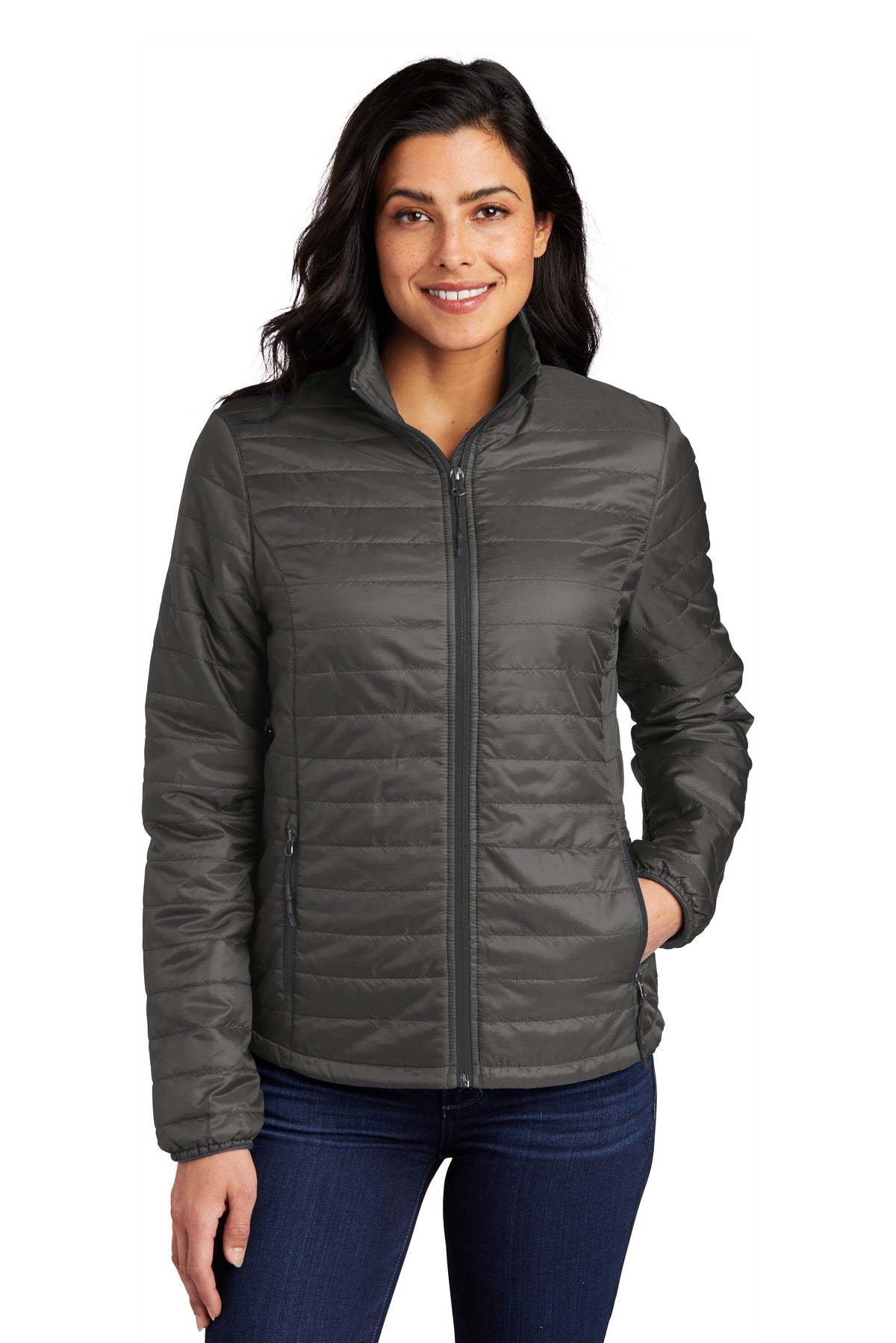 Front View of Sterl Gry/Grph Port Authority Women's Packable Puffy Jacket L850 plain
