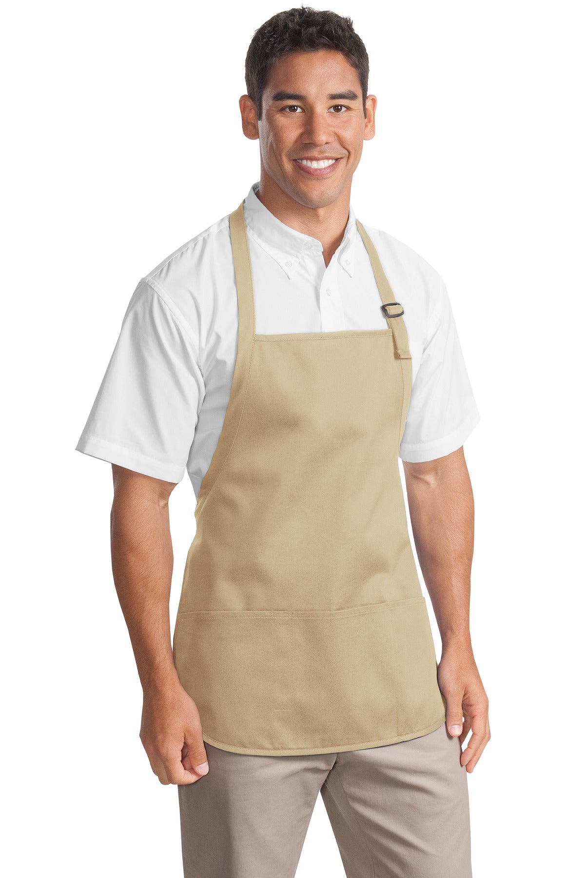 Front View of Stone Port Authority Medium-Length Apron with Pouch Pockets. A510 plain