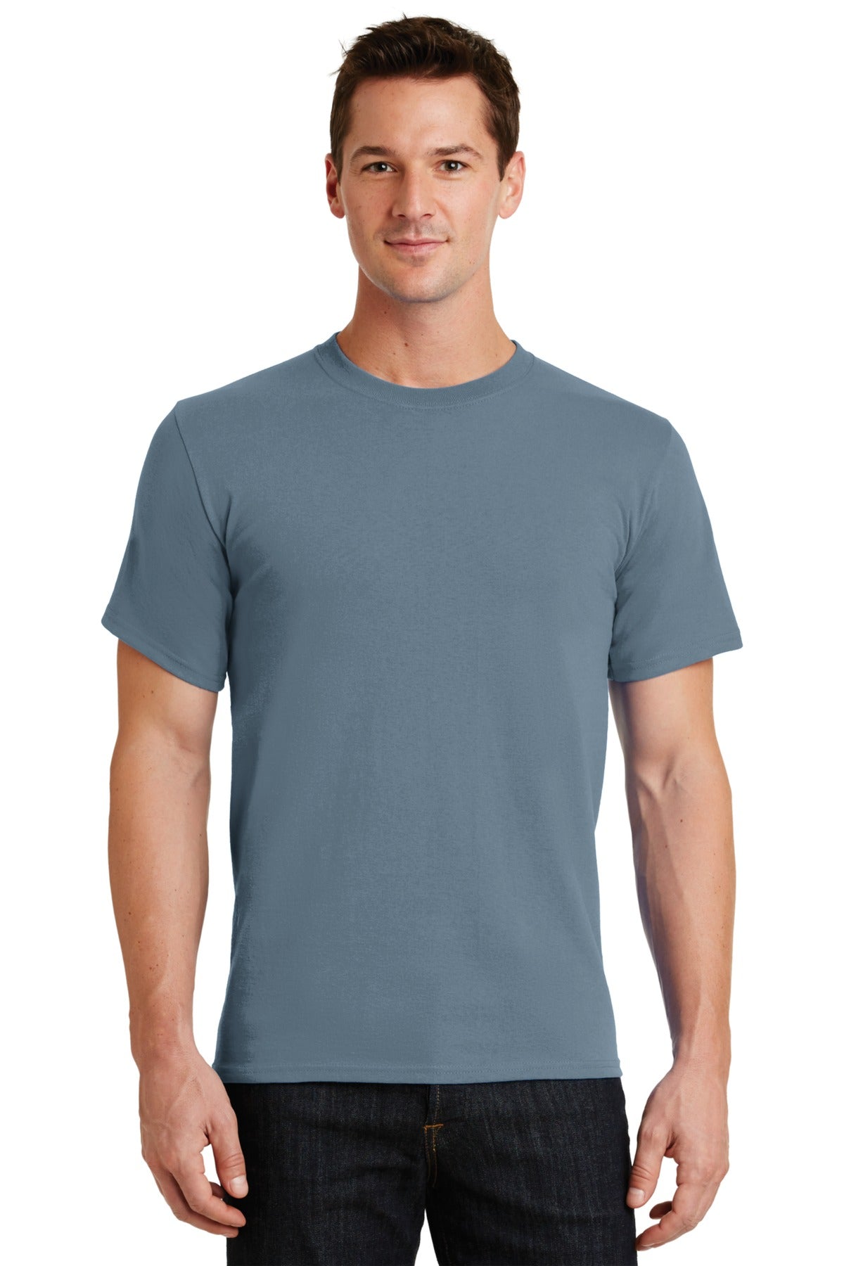 Front View of Stonewash Blue Port & Co Essential Tee. PC61 plain
