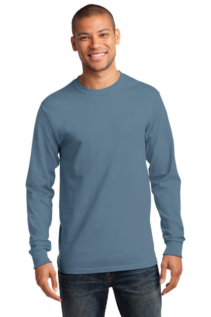 Front View of Stonewash Blue Port & Co Long Sleeve Essential Tee. PC61LS plain
