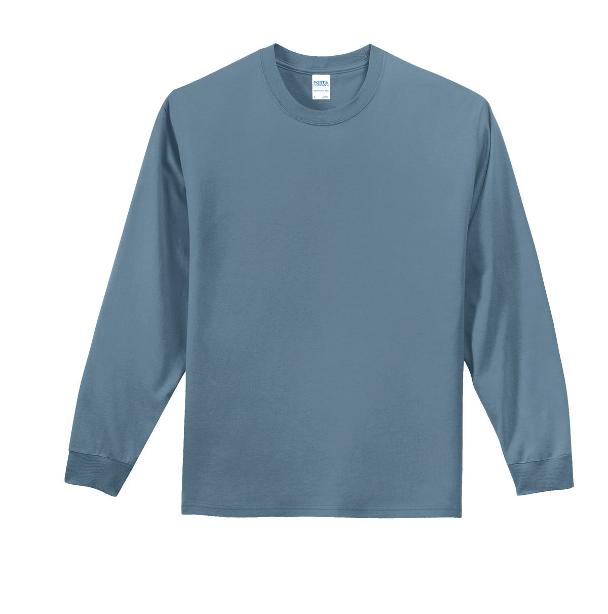 Front View of Stonewash Blue Port & Co Long Sleeve Essential Tee. PC61LS plain