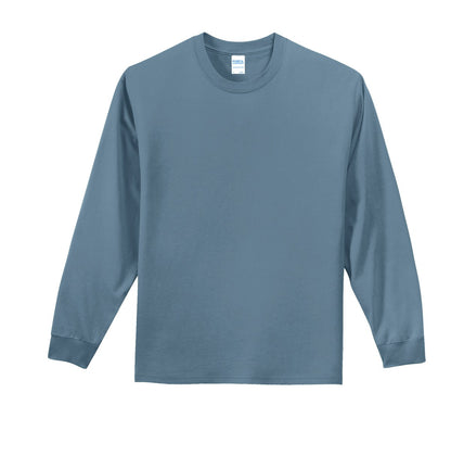 Front View of Stonewash Blue Port & Co Long Sleeve Essential Tee. PC61LS plain