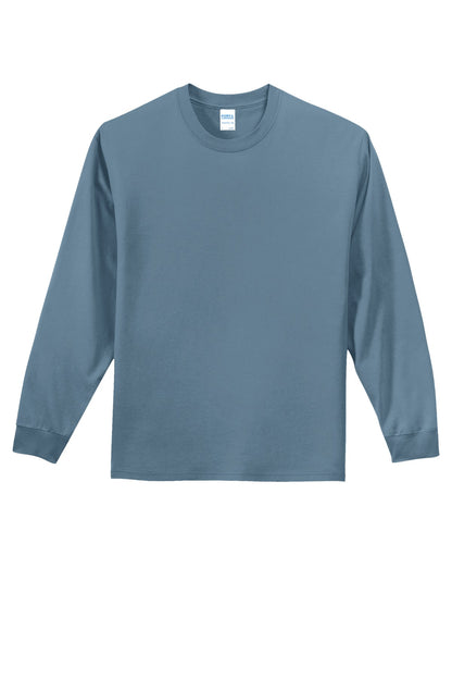 Front View of Stonewash Blue Port & Co Long Sleeve Essential Tee. PC61LS plain