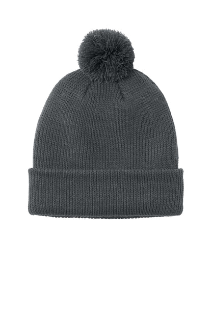 Front View of StormGrey Port Authority Cozy Pom Beanie C978 plain