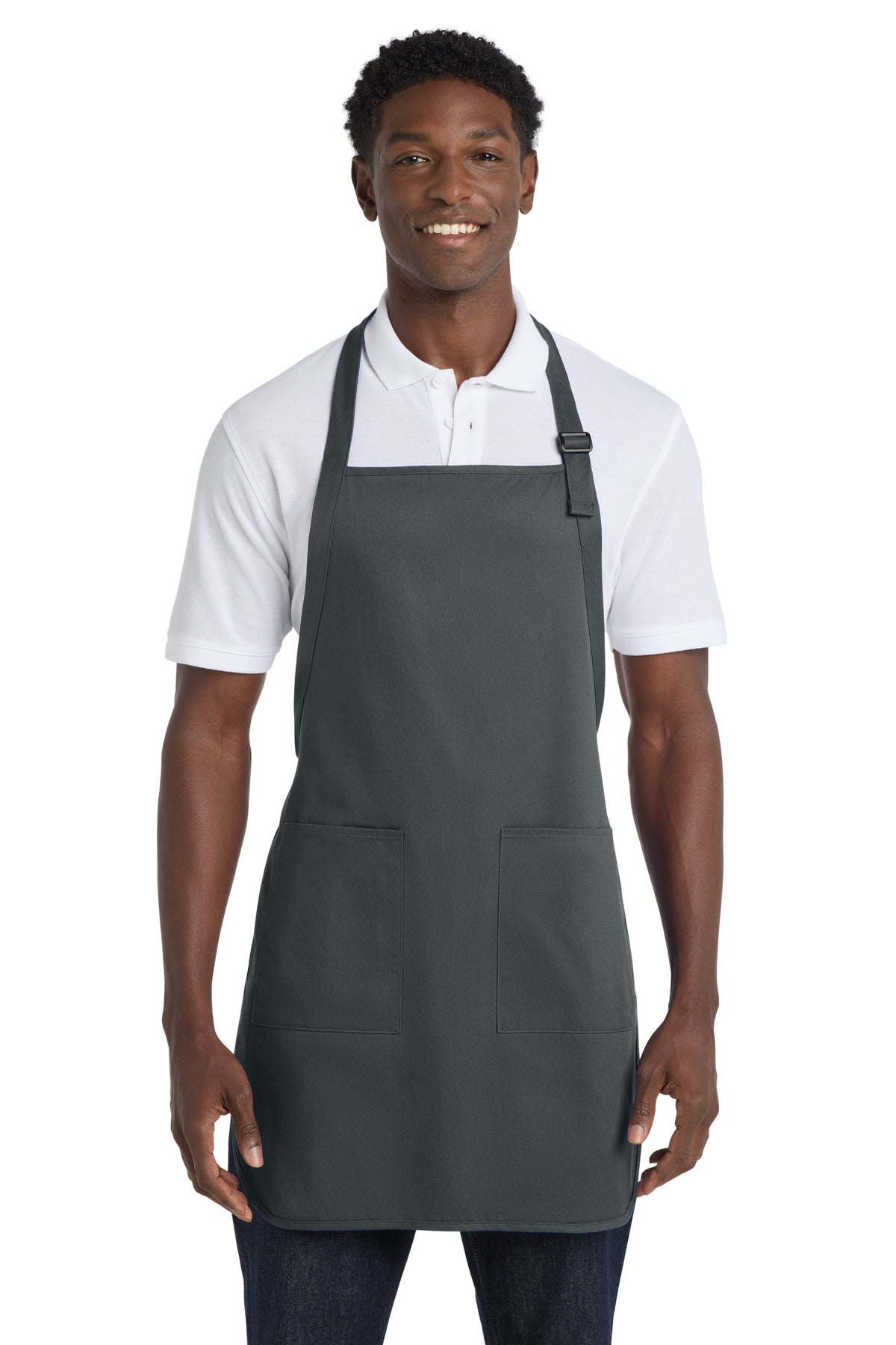 Front View of StormGrey Port Authority Full-Length Apron with Pockets. A500 plain