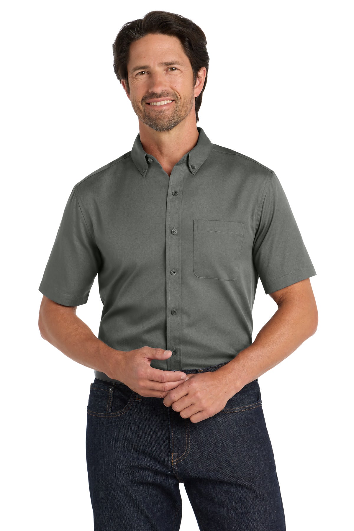 Front View of StormGrey Port Authority Short Sleeve SuperPro React Twill Shirt. W809 plain