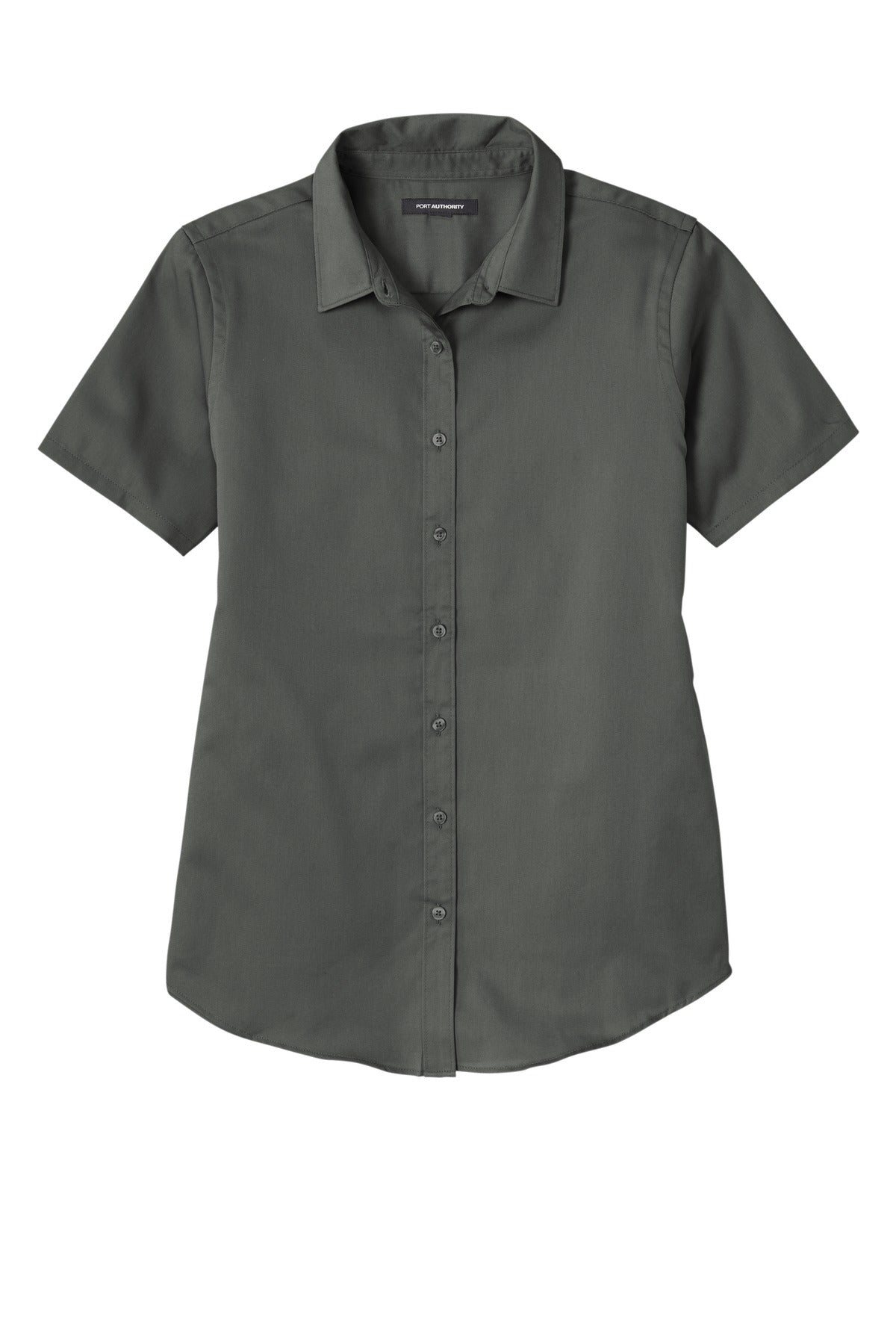 Front View of StormGrey Port Authority Women's Short Sleeve SuperPro React Twill Shirt. LW809 plain