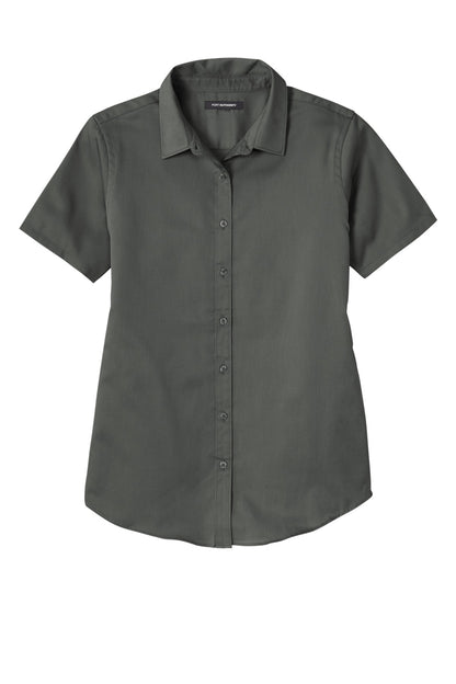 Front View of StormGrey Port Authority Women's Short Sleeve SuperPro React Twill Shirt. LW809 plain