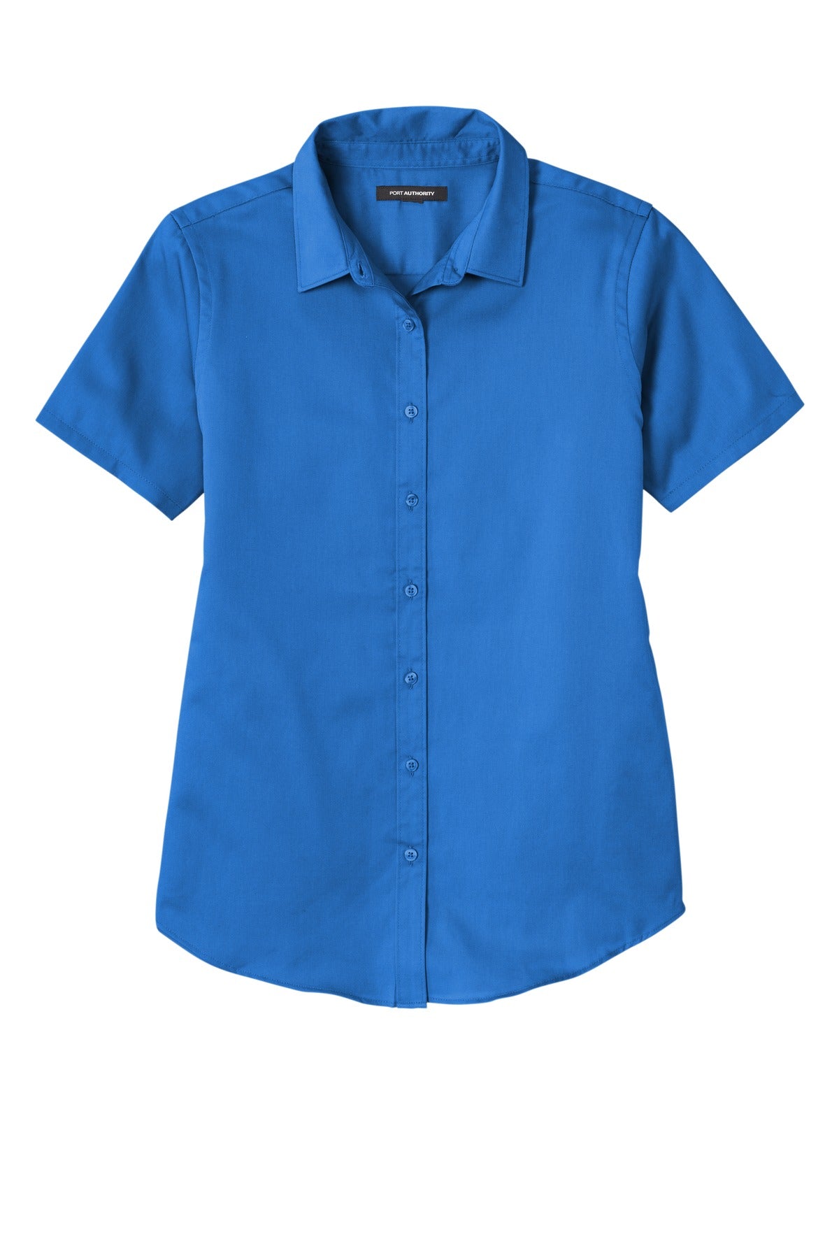 Front View of StrongBlue Port Authority Women's Short Sleeve SuperPro React Twill Shirt. LW809 plain