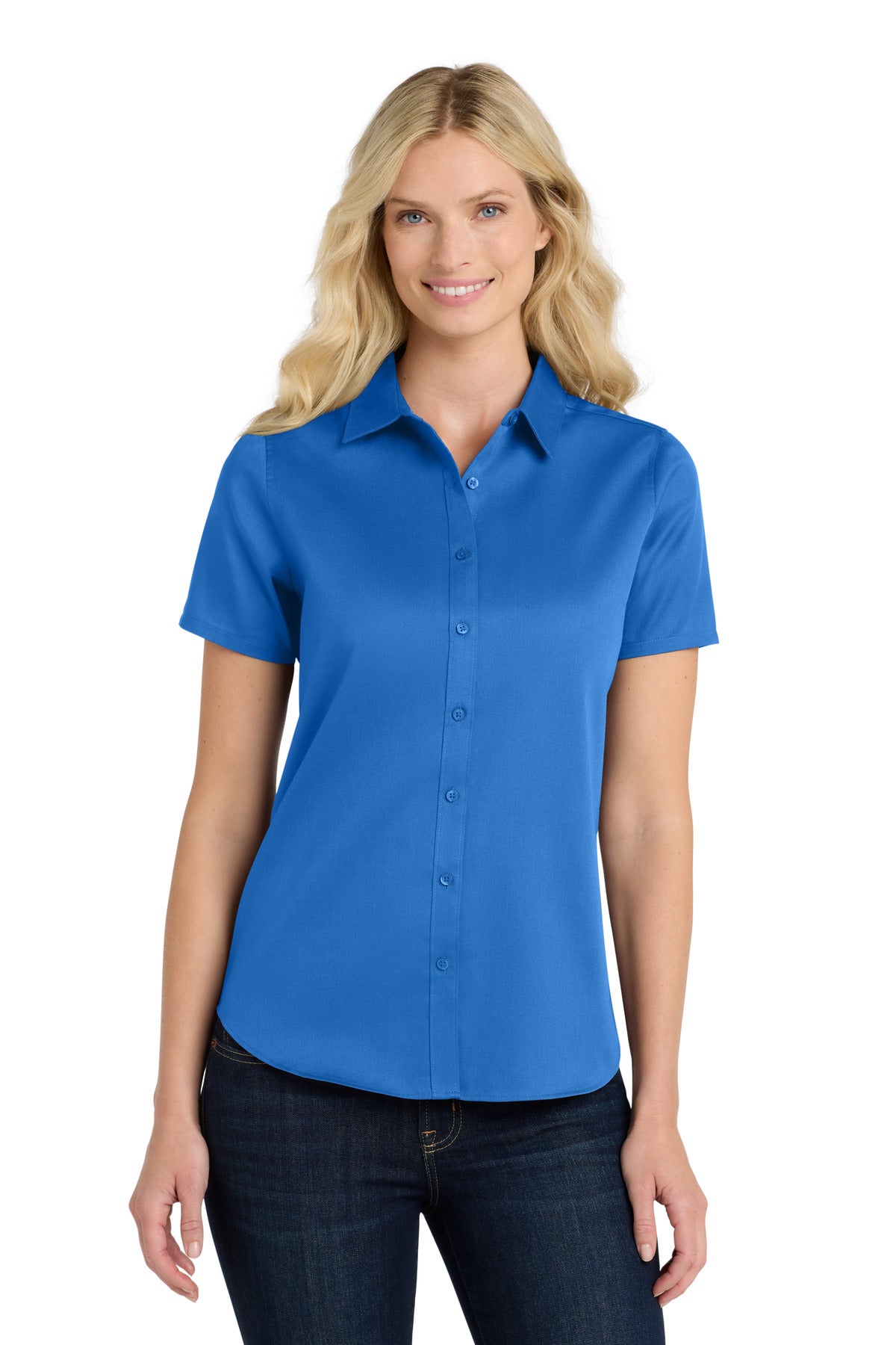 Front View of StrongBlue Port Authority Women's Short Sleeve SuperPro React Twill Shirt. LW809 plain