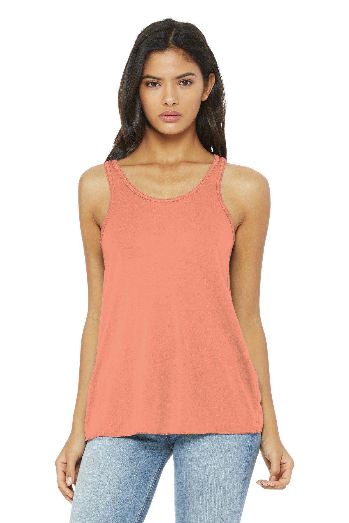 Front View of Sunset BELLA+CANVAS Women's Flowy Racerback Tank. BC8800 plain