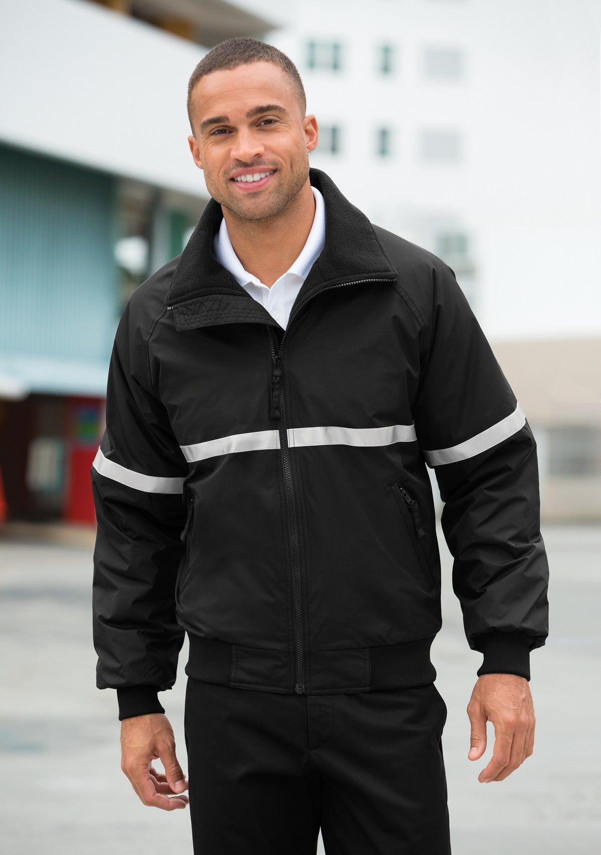 Front View of T Bk/T Bk/Refl Port Authority Challenger Jacket with Reflective Taping J754R plain