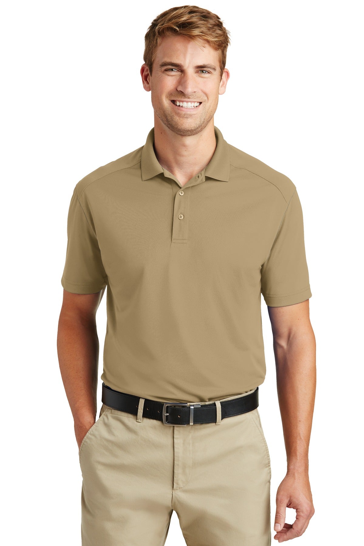 Front View of Tan CornerStone Select Lightweight Snag-Proof Polo. CS418 plain
