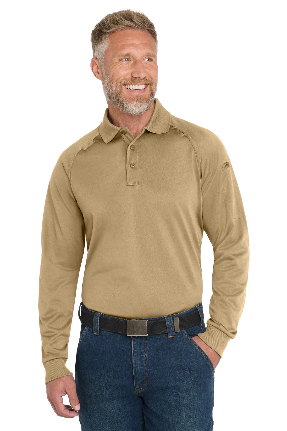 Front View of Tan CornerStone - Select Long Sleeve Snag-Proof Tactical Polo. CS410LS plain