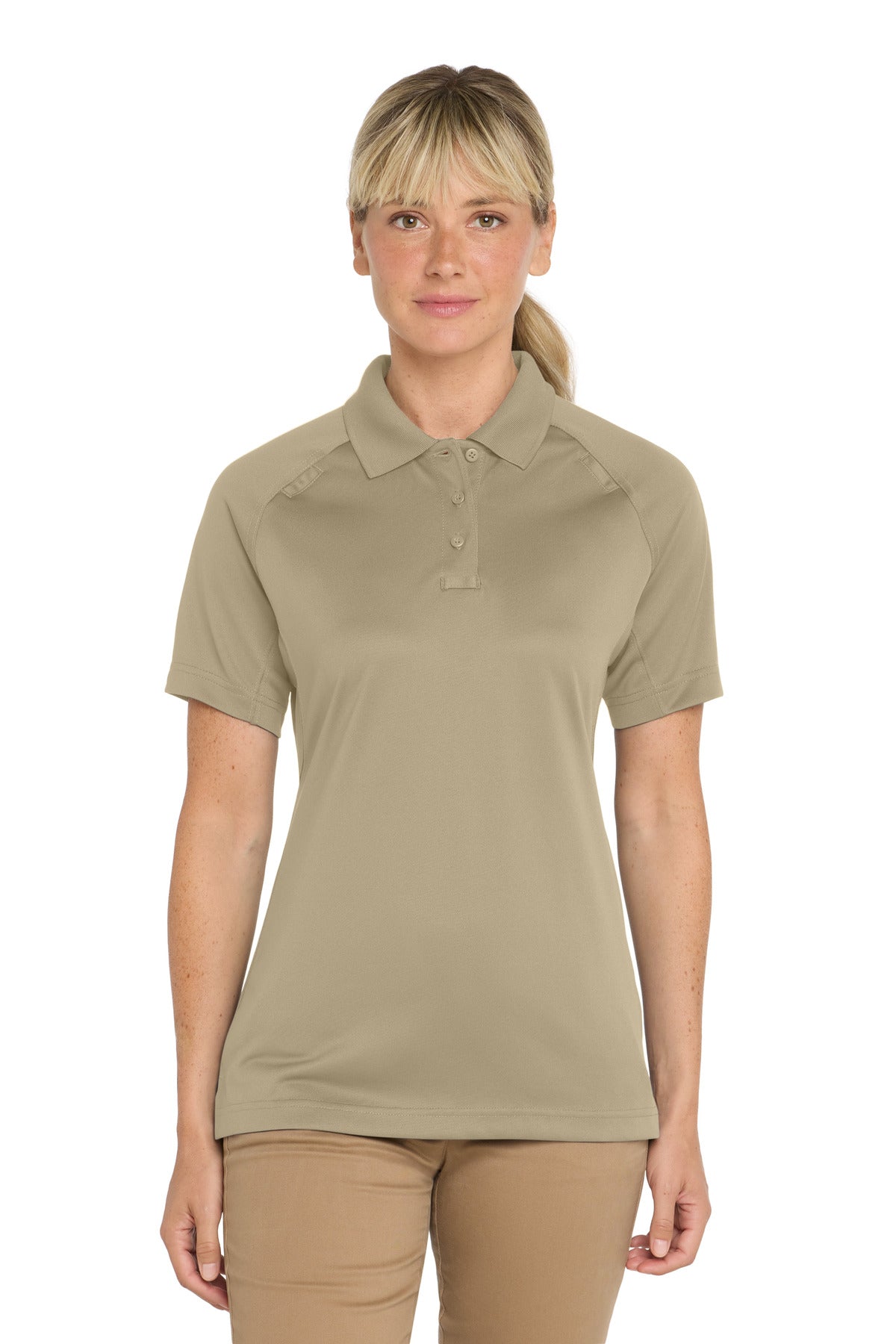 Front View of Tan CornerStone Women's Select Snag-Proof Tactical Polo. CS411 plain