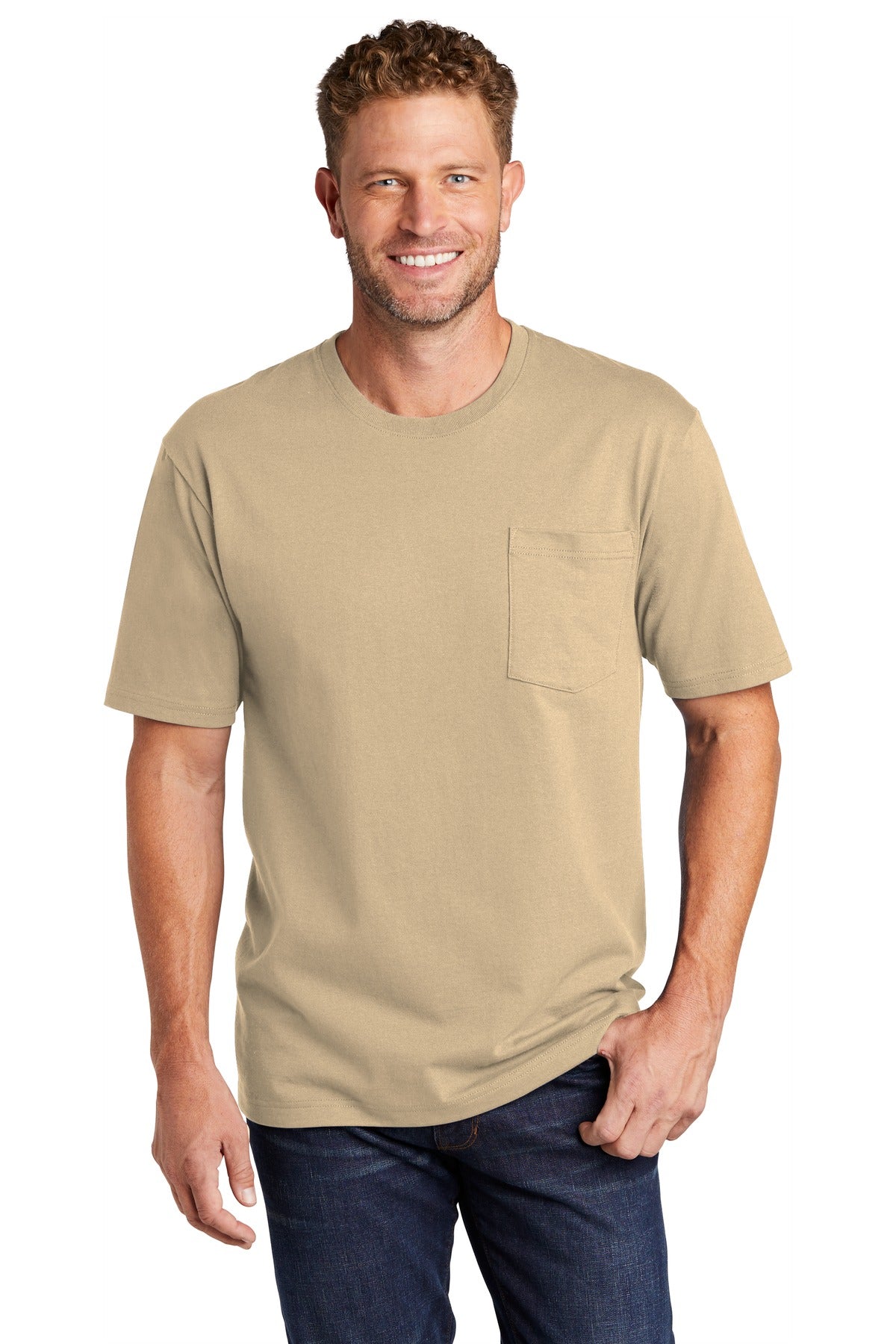Front View of Tan CornerStone Workwear Pocket Tee CS430 plain