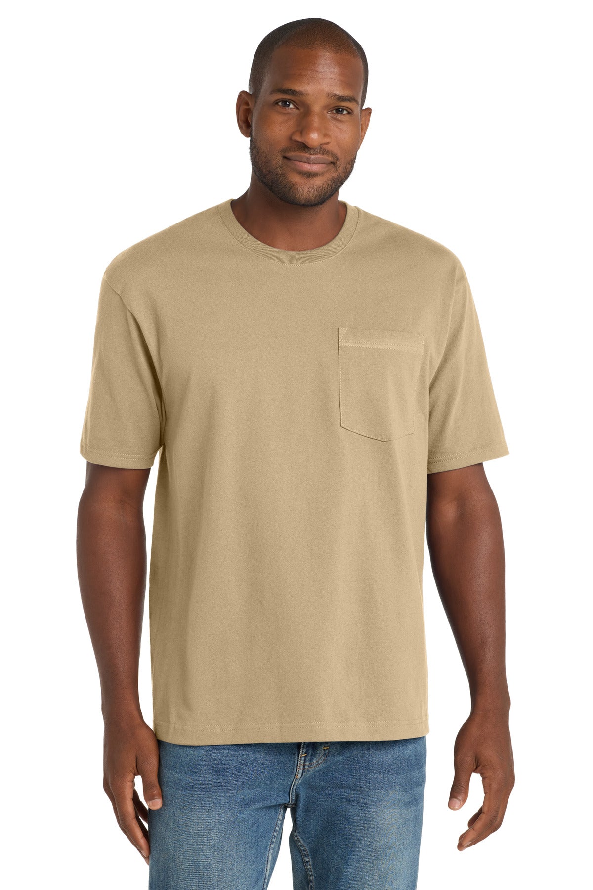 Front View of Tan CornerStone Workwear Pocket Tee CS430 plain