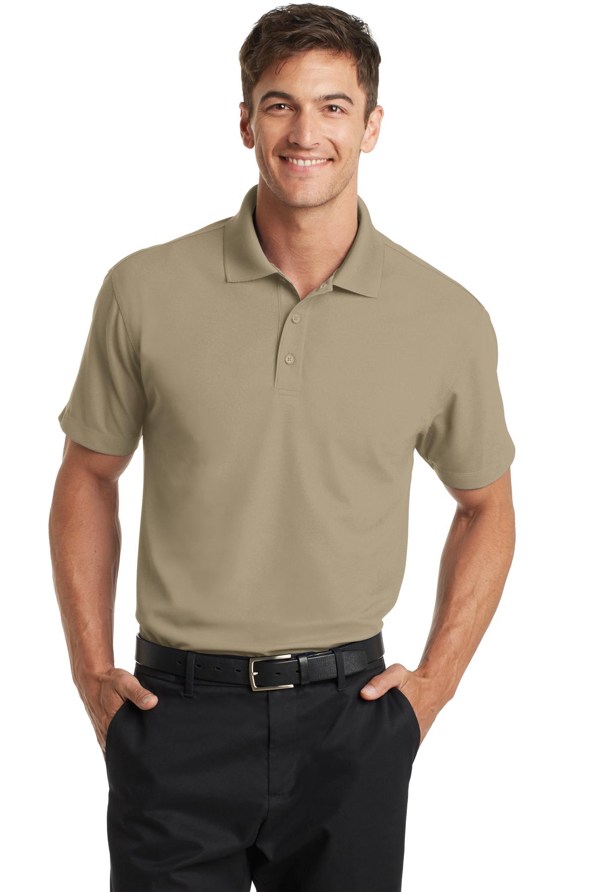 Front View of Tan Port Authority Dry Zone Grid Polo. K572 plain