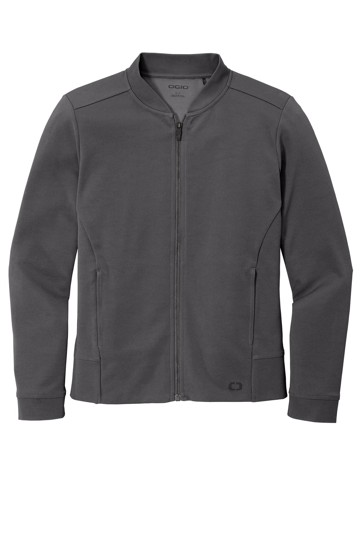 Front View of Tarmac Grey OGIO Women's Hinge Full-Zip. LOG820 plain