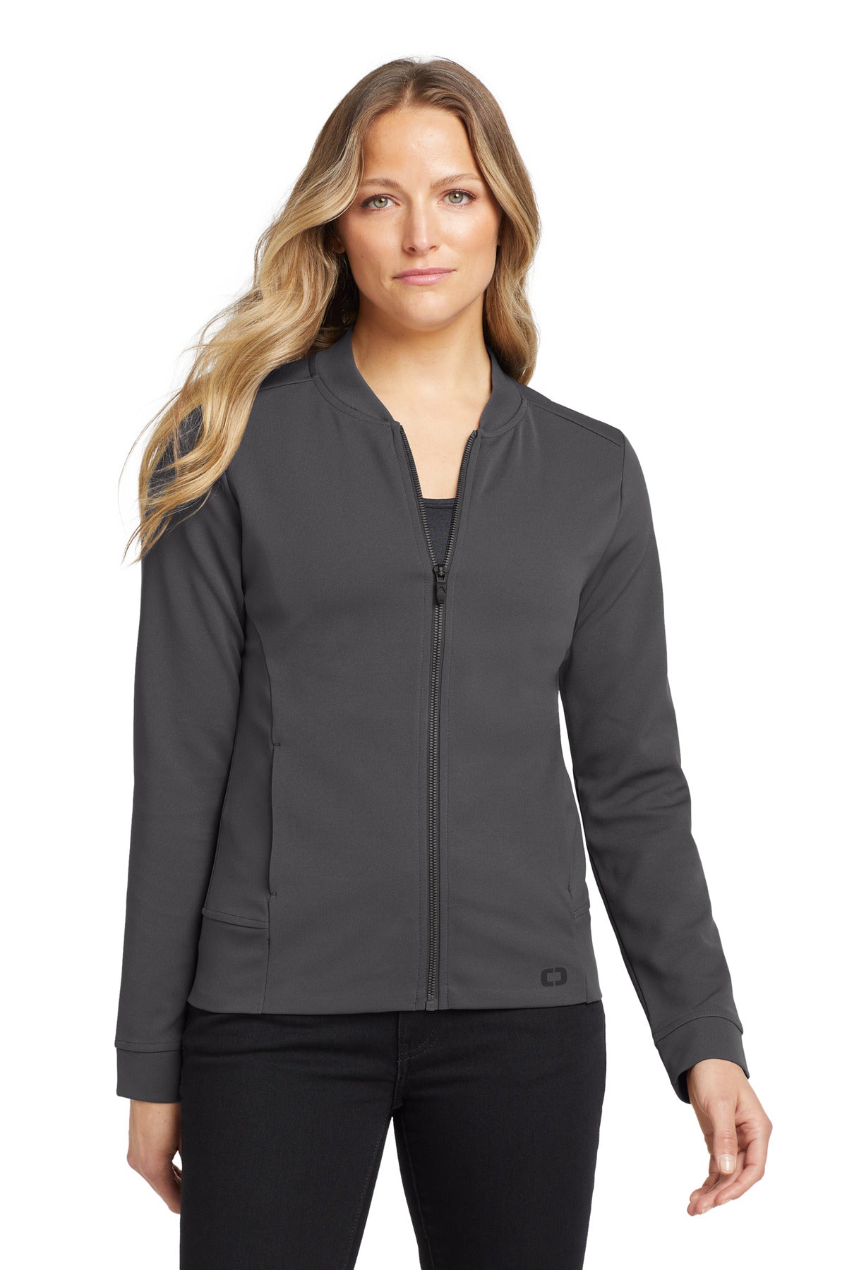 Front View of Tarmac Grey OGIO Women's Hinge Full-Zip. LOG820 plain