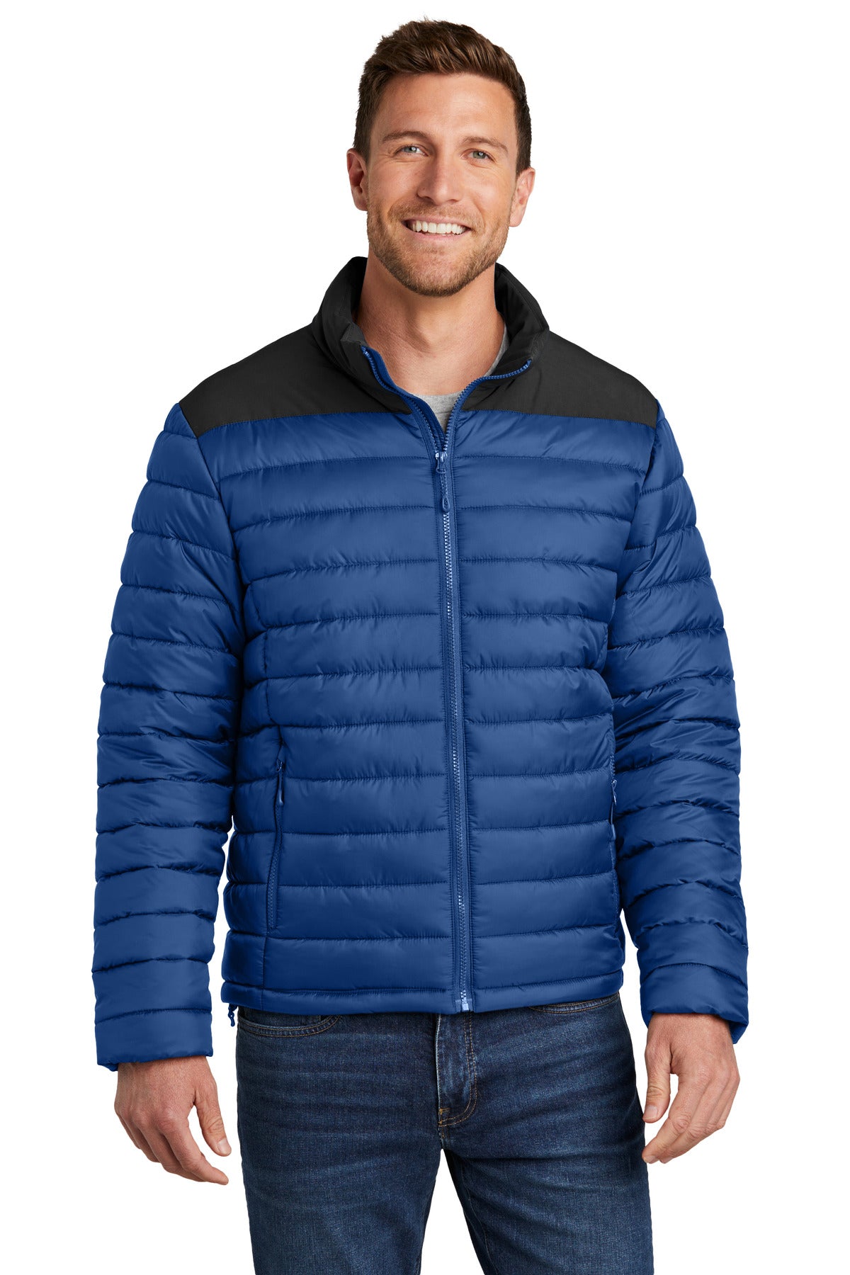 Front View of TBlu/DpBlk Port Authority Horizon Puffy Jacket J364 plain