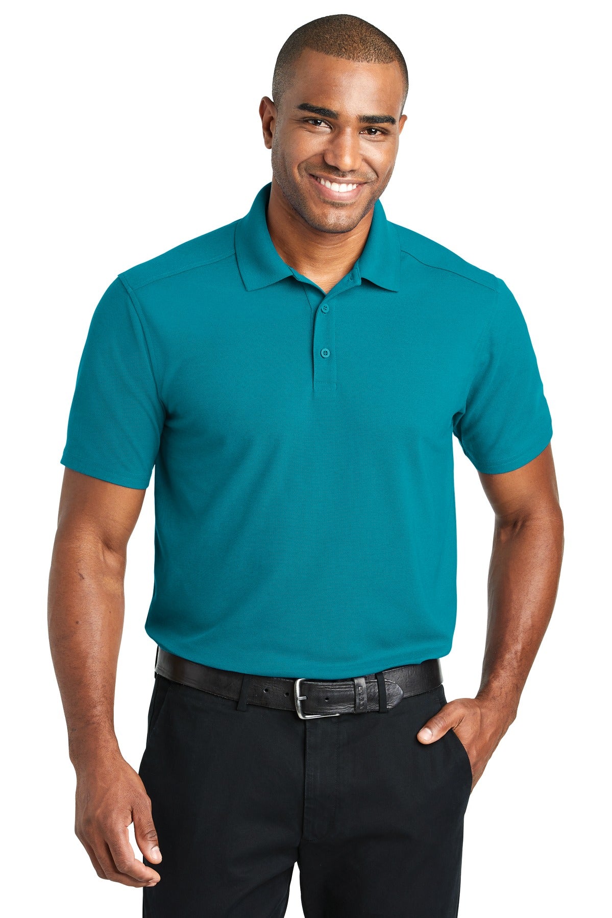 Front View of Teal Port Authority EZPerformance Pique Polo. K600 plain