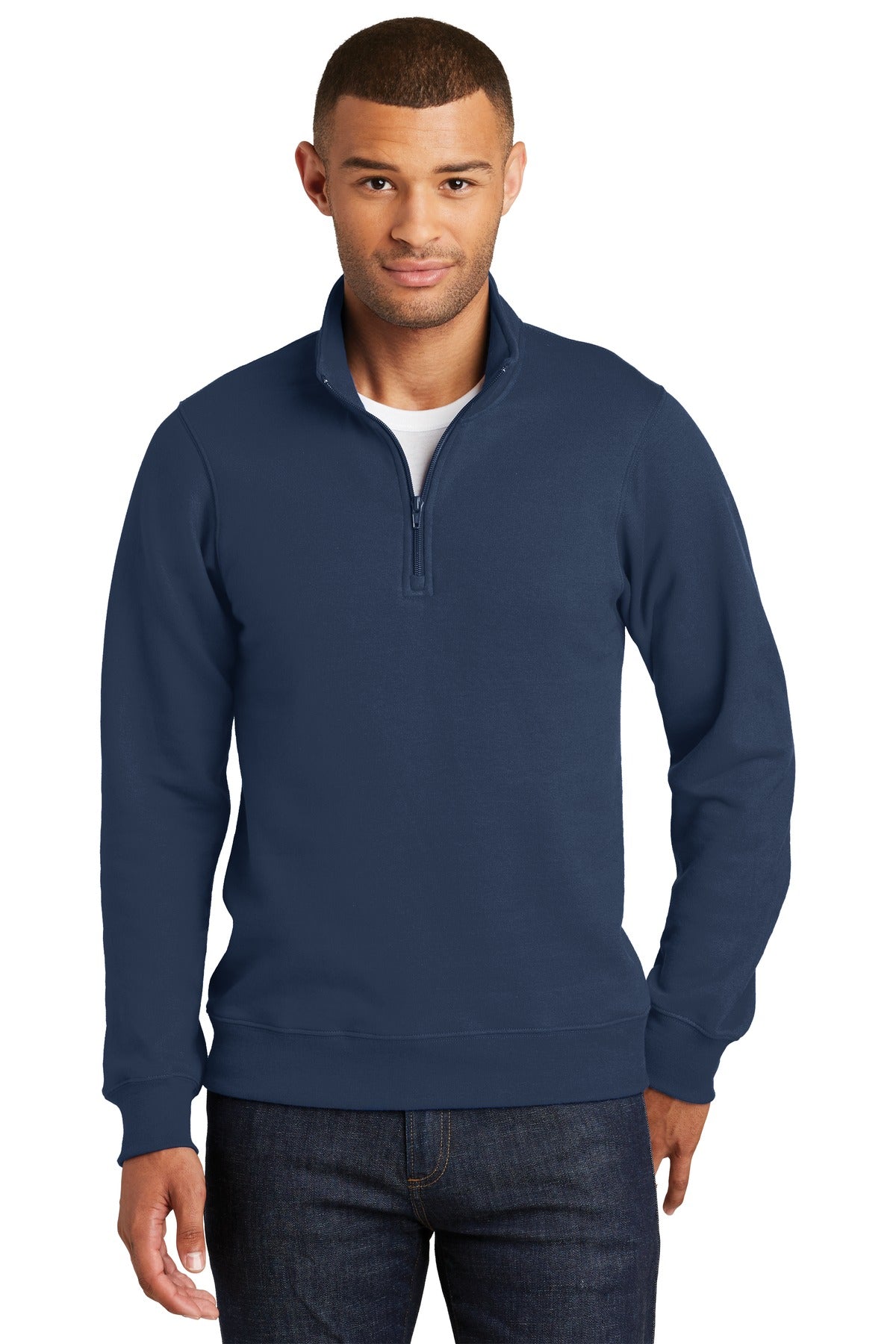 Front View of Team Navy Port & Co Fan Favorite Fleece 1/4-Zip Pullover Sweatshirt. PC850Q plain