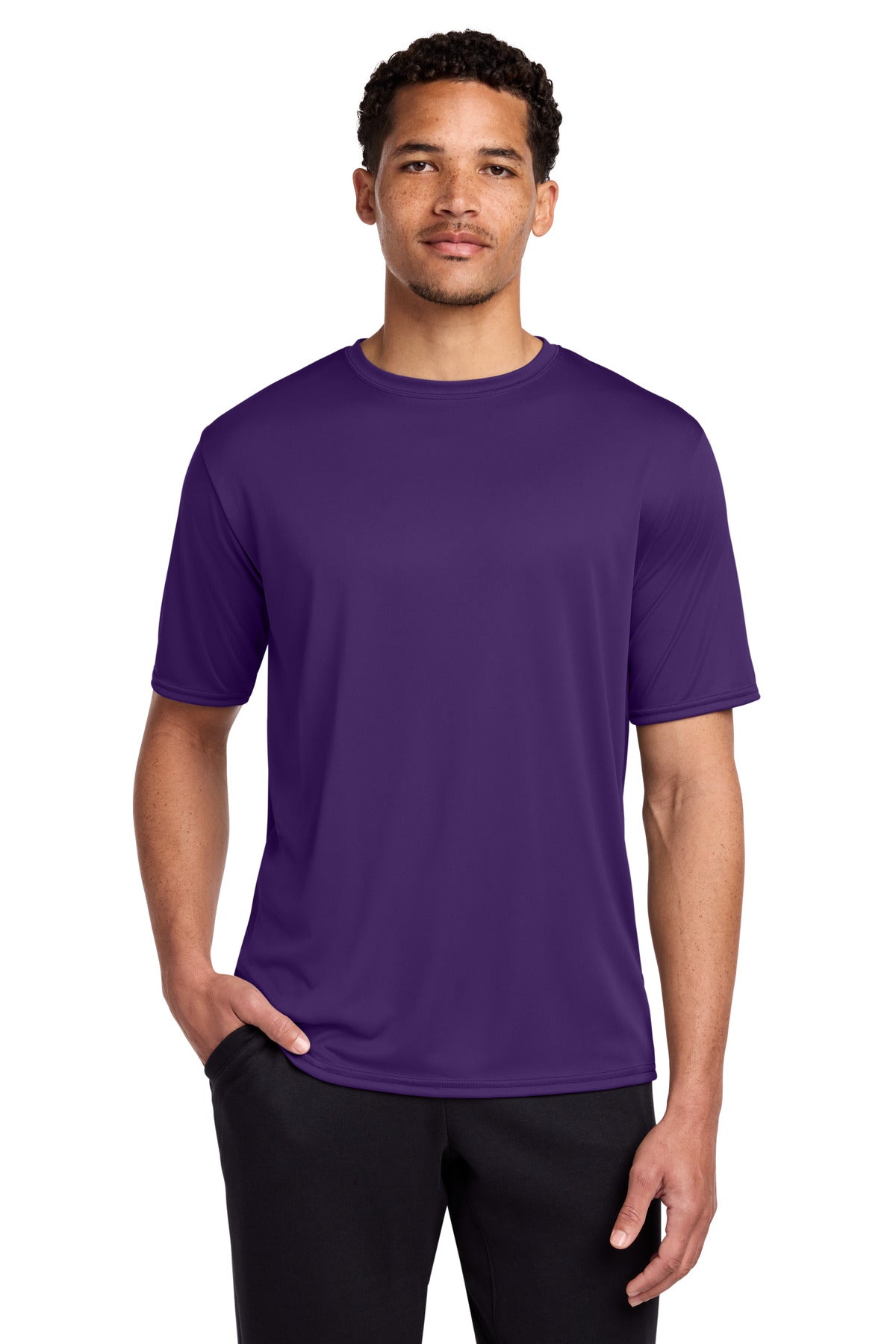 Front View of Team Purple Port & Co Performance Tee. PC380 plain