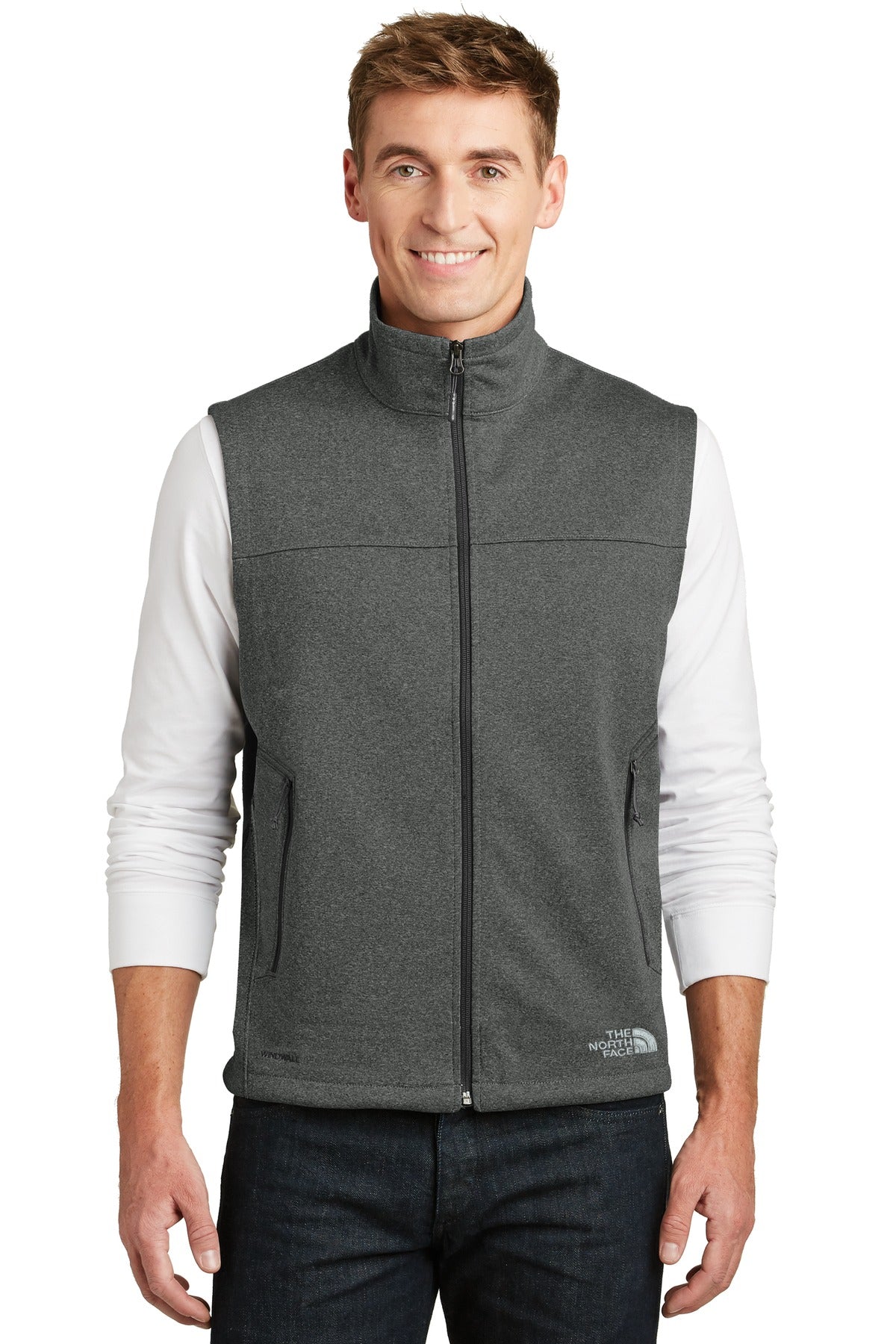Front View of TNF Dk Grey He The North Face Ridgewall Soft Shell Vest. NF0A3LGZ plain