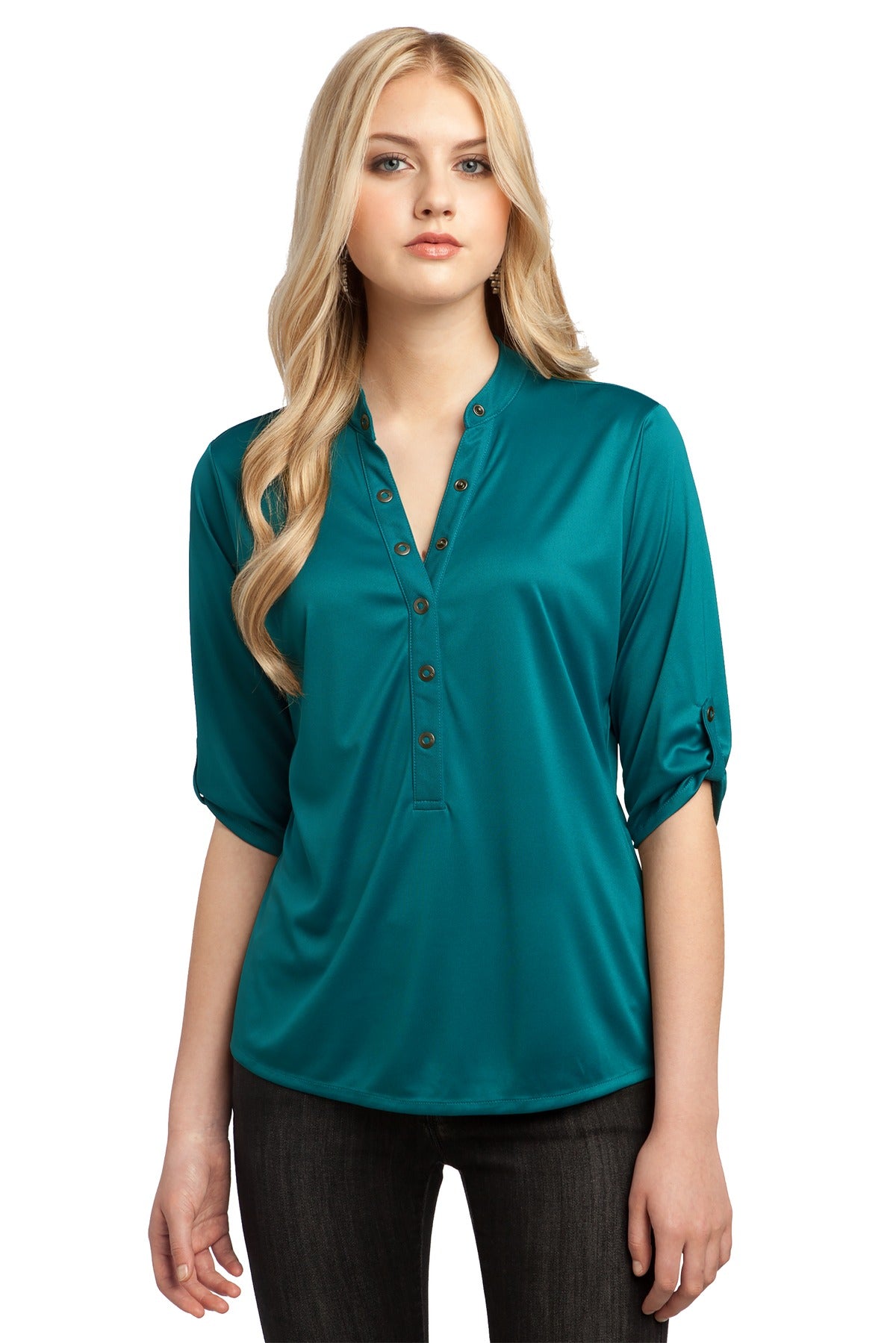 Front View of Torque Teal OGIO - Crush Henley. LOG111 plain