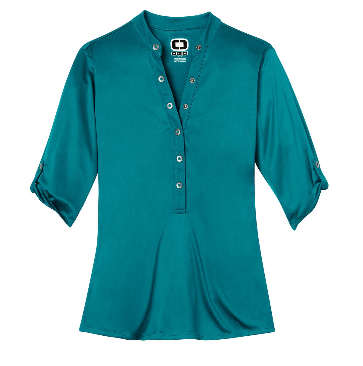 Front View of Torque Teal OGIO - Crush Henley. LOG111 plain
