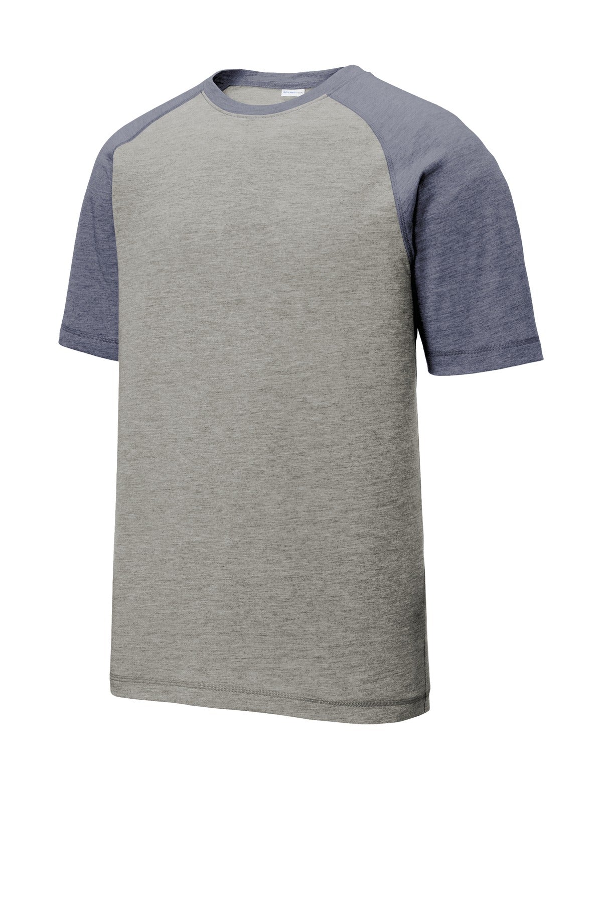 Front View of Tr Navy He/LGH Sport-Tek PosiCharge Tri-Blend Wicking Raglan Tee. ST400 plain