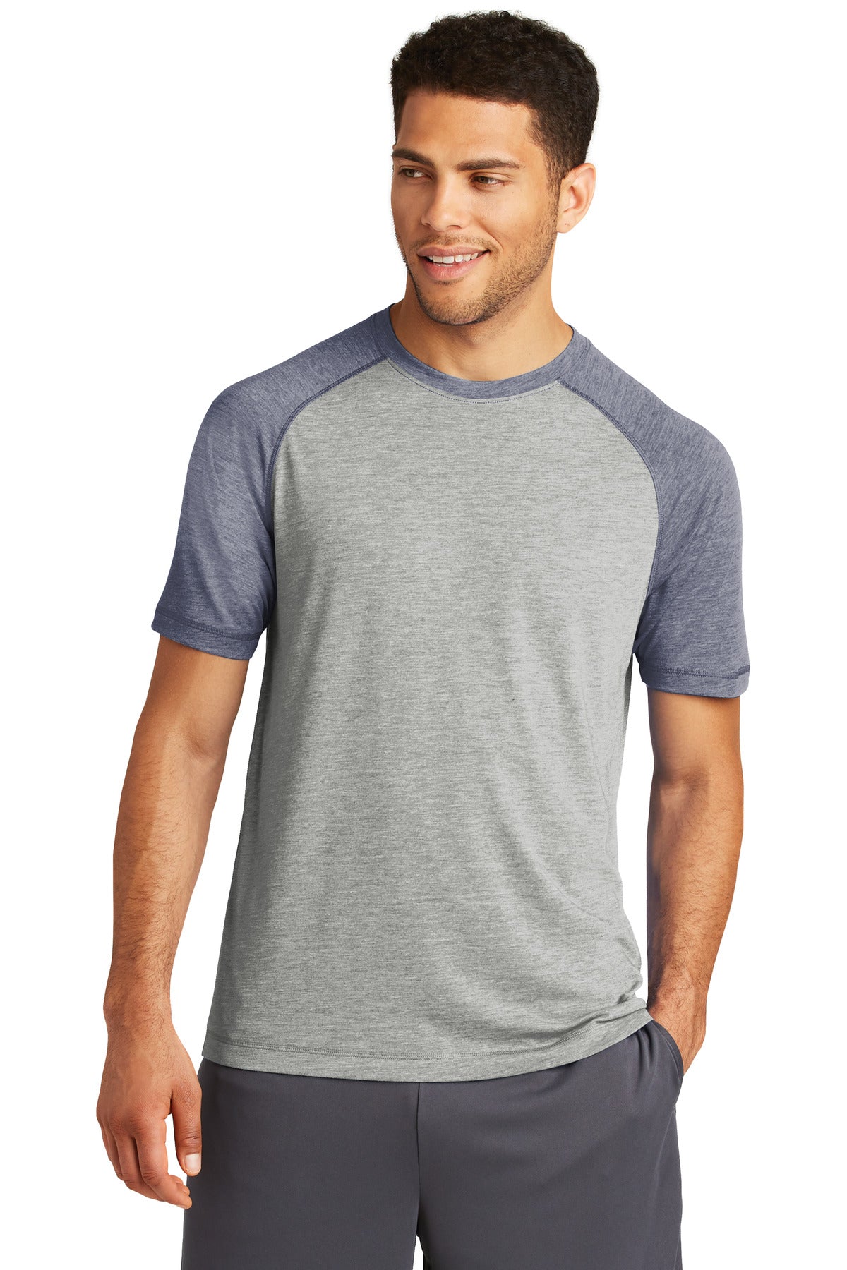 Front View of Tr Navy He/LGH Sport-Tek PosiCharge Tri-Blend Wicking Raglan Tee. ST400 plain