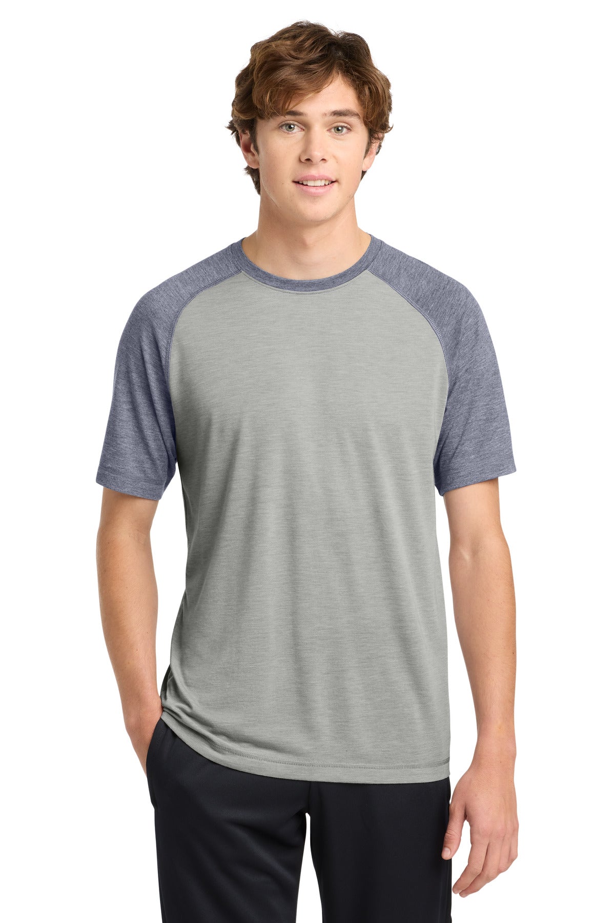 Front View of Tr Navy He/LGH Sport-Tek PosiCharge Tri-Blend Wicking Raglan Tee. ST400 plain