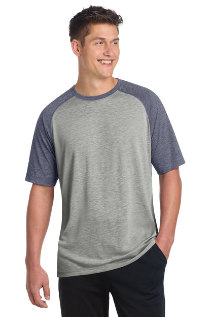 Front View of Tr Navy He/LGH Sport-Tek PosiCharge Tri-Blend Wicking Raglan Tee. ST400 plain